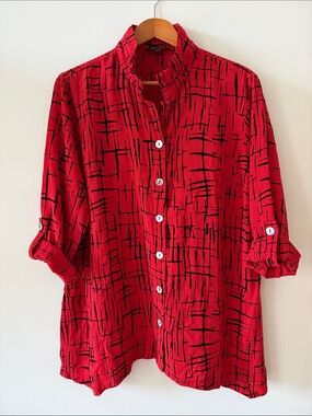 John Mark Red Button-Down Shirt with Black Abstract Grid